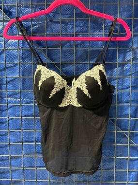 Black Lace-Trimmed Camisole with Ivory Embroidery